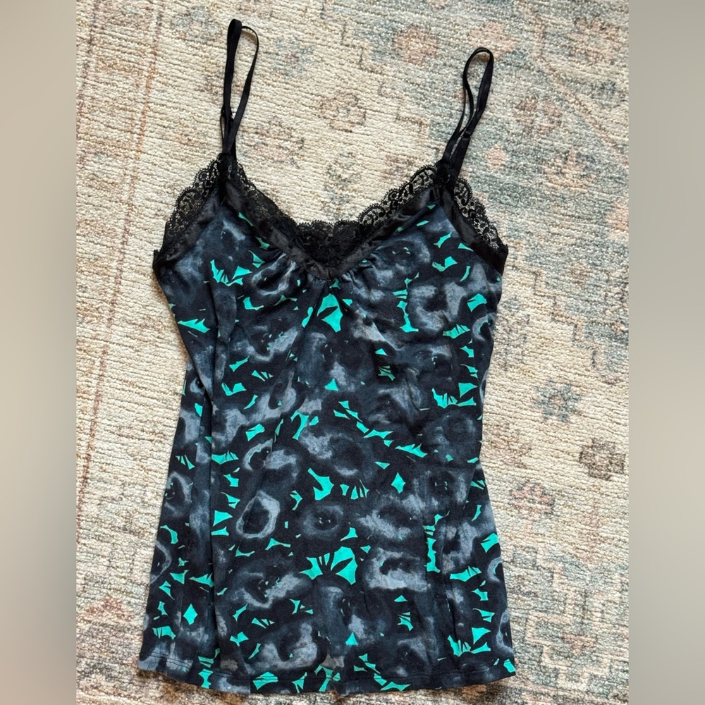EXPRESS cami lace ribbon trim tank top fitted New RET: $30 black & teal sz S